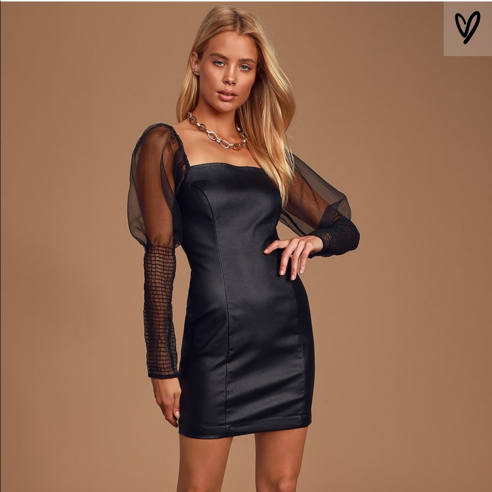 Lulus Black puff sleeve leather mini dress
